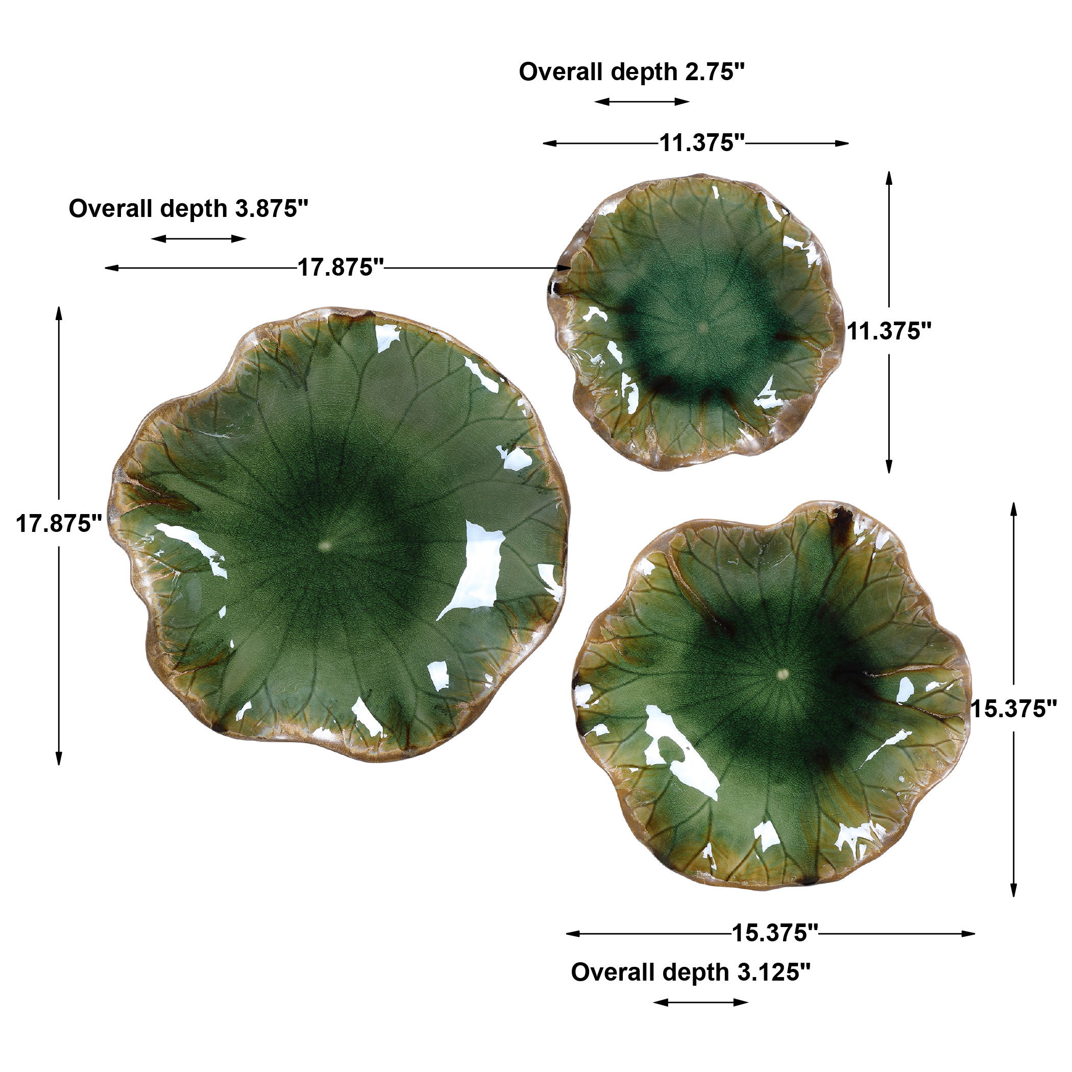 Abella Green Ceramic Wall Decor Set/3, Sculptural Wall Art by Uttermost, 17.87" width x 17.87" height x 3.87" depth View 3