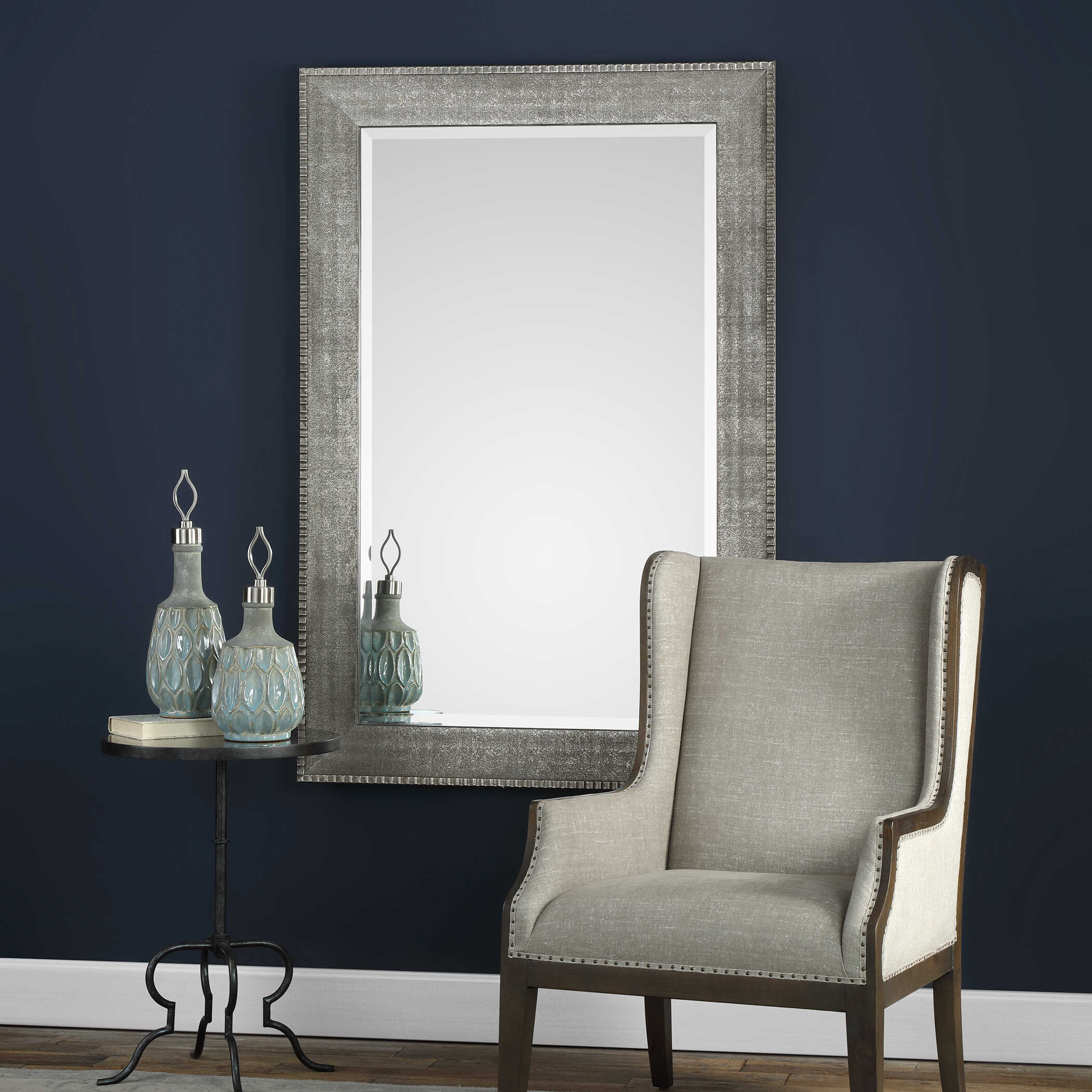 Leiston Metallic Silver Mirror, by Uttermost, 39.13" width x 59.13" height x 1.14" depth View 2