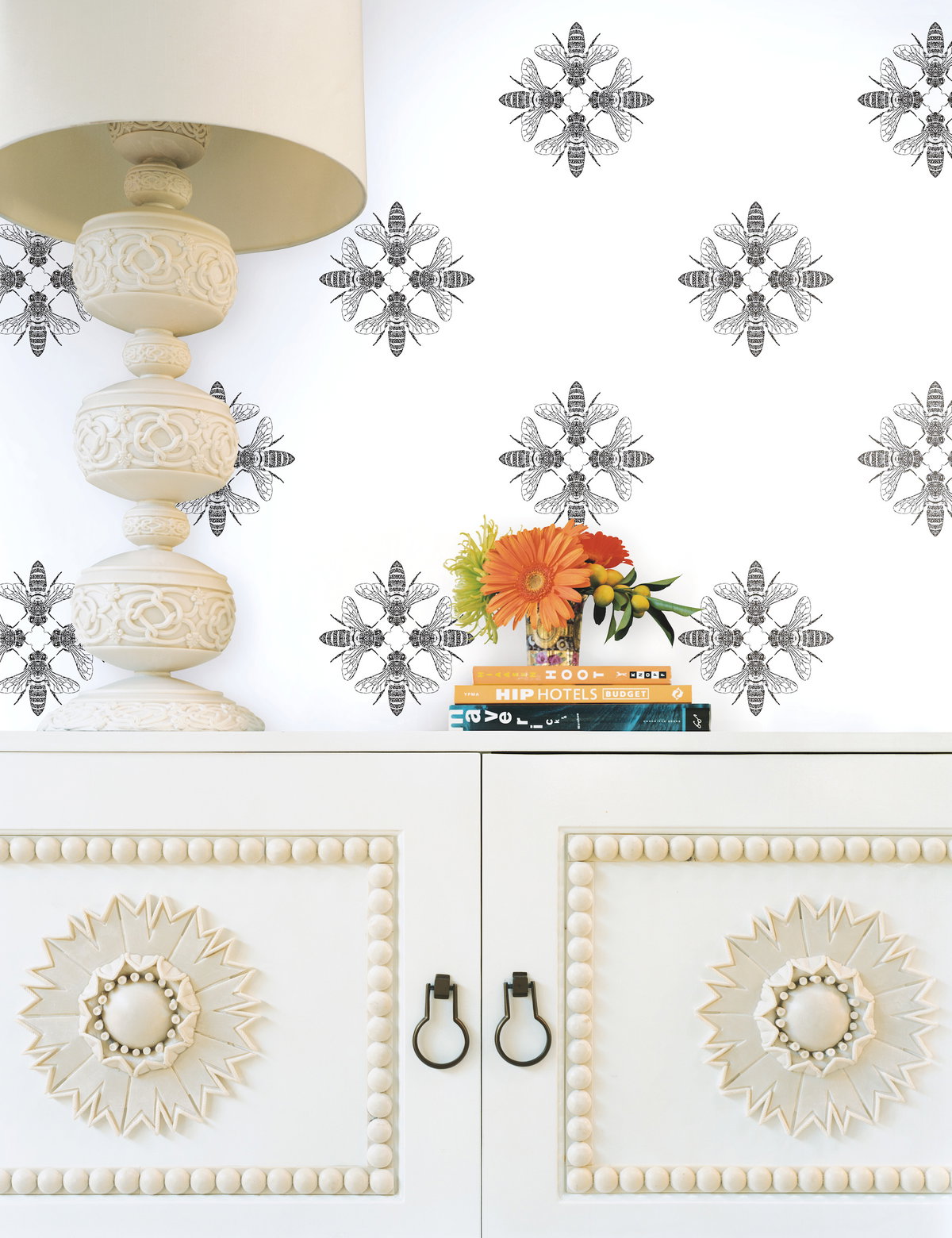 Honey Bee Black & White Wallpaper, by York Wall, 33' length x 1'8.5" width x 0.02" depth View 2