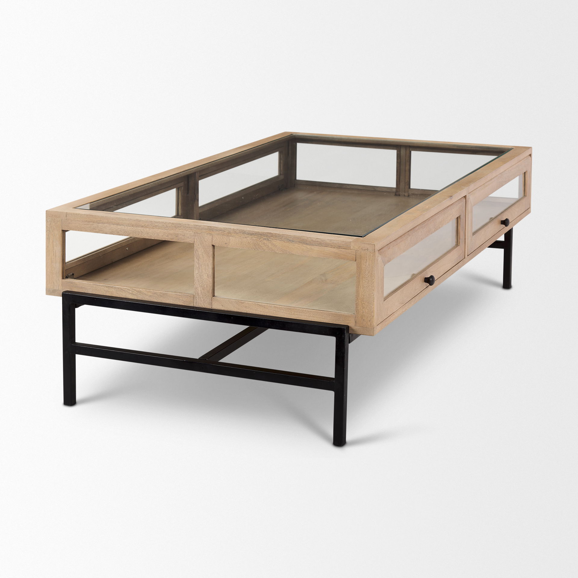 Arelius 42'L Rectangular Light Brown Wood with Black Metal Base Display Coffee Table, by Mercana, 49.5" length x 29.5" width x 15" height View 5