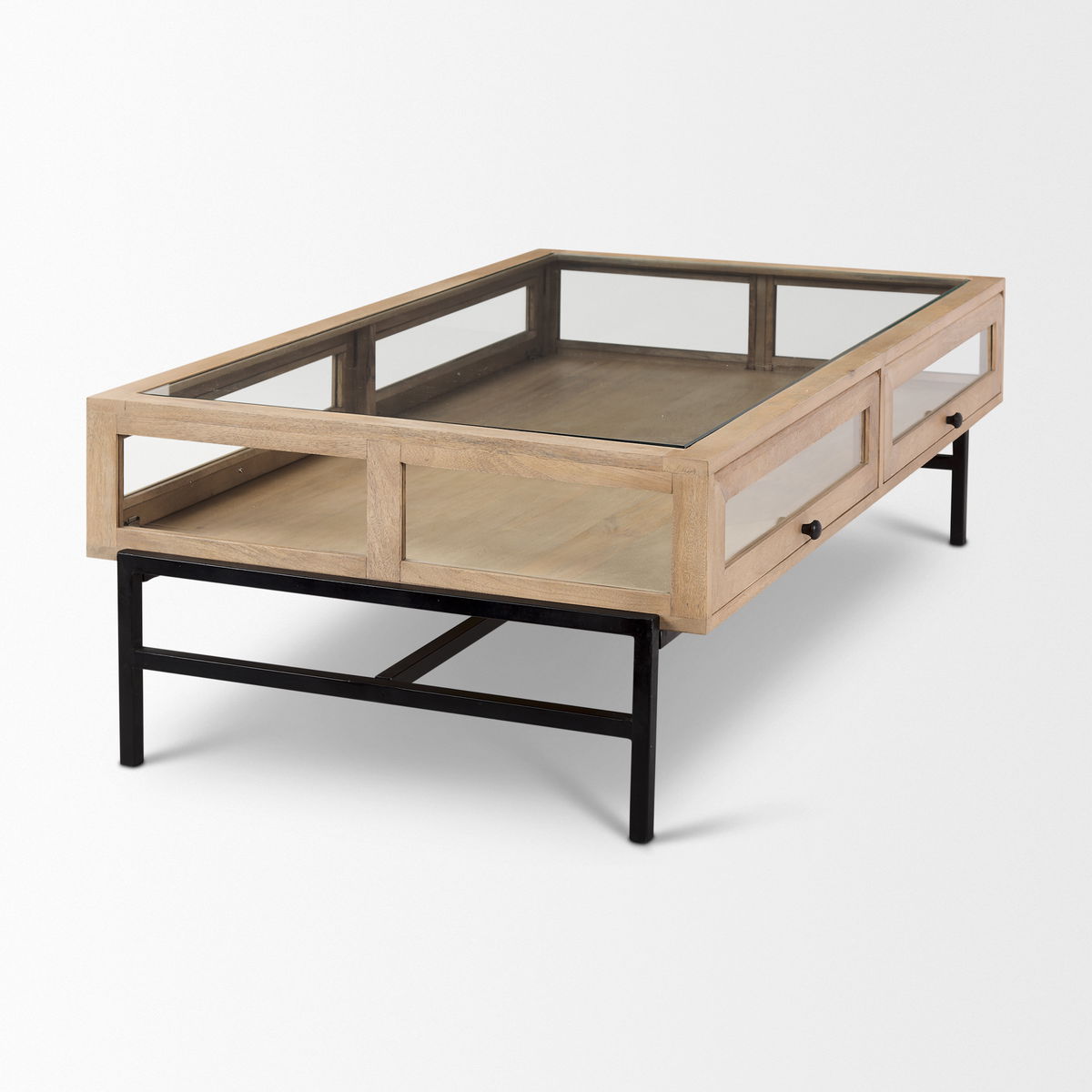Arelius 49.5'L Rectangular Light Brown Wood with Black Metal Base Display Coffee Table, by Mercana, 49.5" length x 29.5" width x 15" height View 5