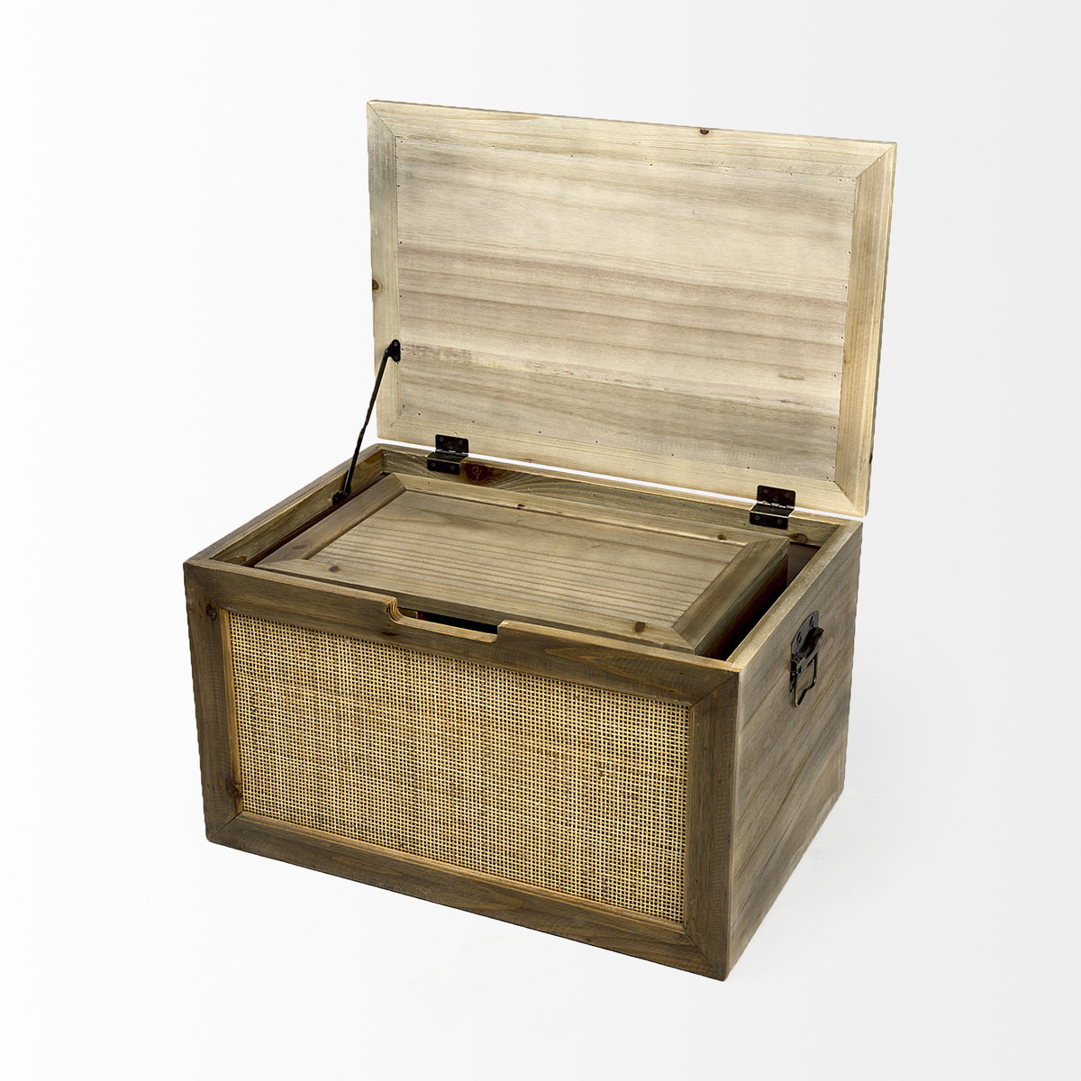Sonny  Set of Two Brown Wood and Wicker with Metal Detail Rectangular Boxes, by Mercana, 23.62" length x 15.75" width x 13.78" height View 7