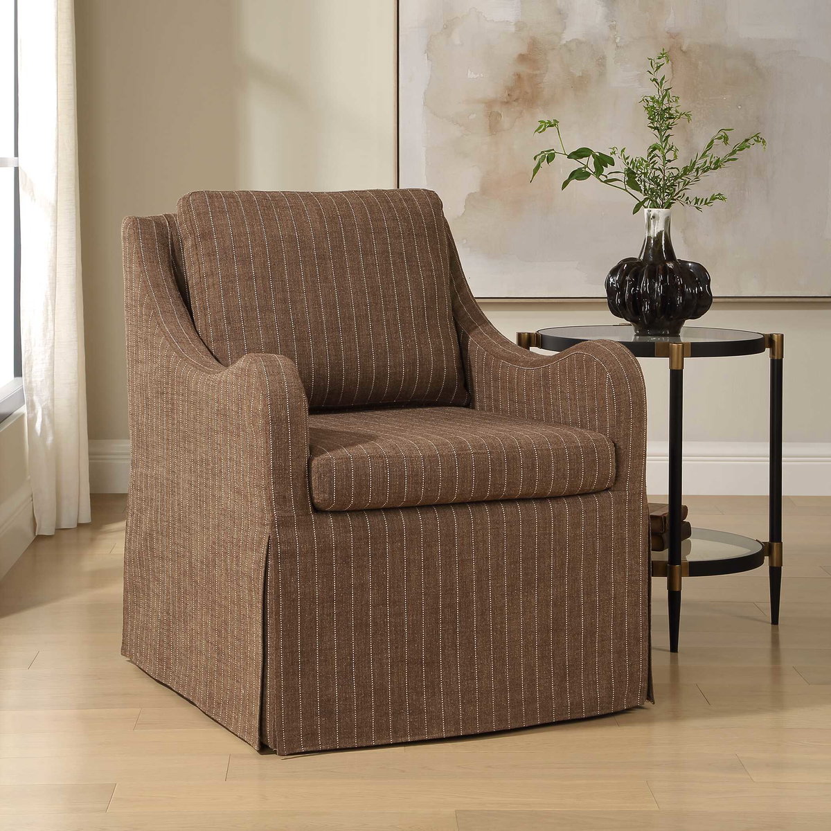 Luisa Pinstripe Swivel Chair, Accent Chair by Uttermost, 27.5" width x 35.5" height x 33.5" depth View 3