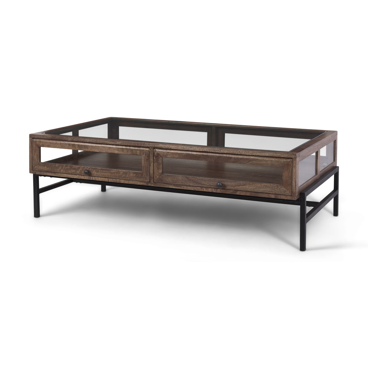 Arelius 49.5'L Rectangular Glass-Top Medium Brown Wood with Black Metal Base Display Coffee Table, by Mercana, 49.5" length x 29" width x 15" height View 1