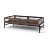Arelius 49.5'L Rectangular Glass-Top Medium Brown Wood with Black Metal Base Display Coffee Table, by Mercana, 49.5" length x 29" width x 15" height thumbnail 1