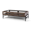 Arelius 49.5'L Rectangular Glass-Top Medium Brown Wood with Black Metal Base Display Coffee Table, by Mercana, 49.5" length x 29" width x 15" height thumbnail 1