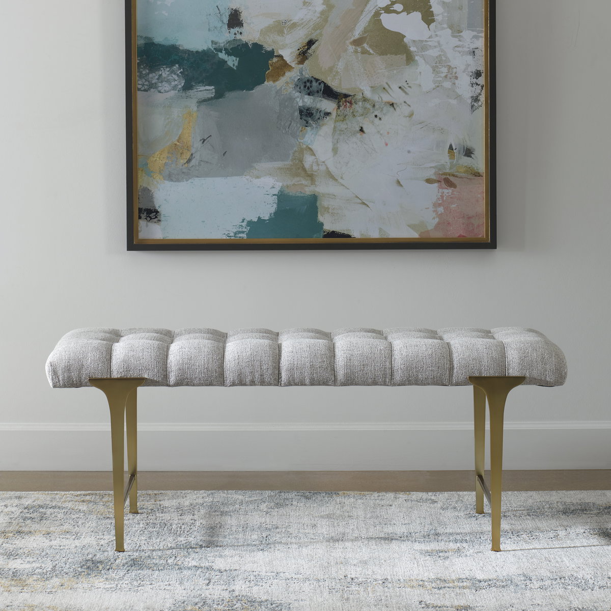 Imperial Upholstered Gray Bench, Benche by Uttermost, 48" width x 19" height x 16" depth View 2