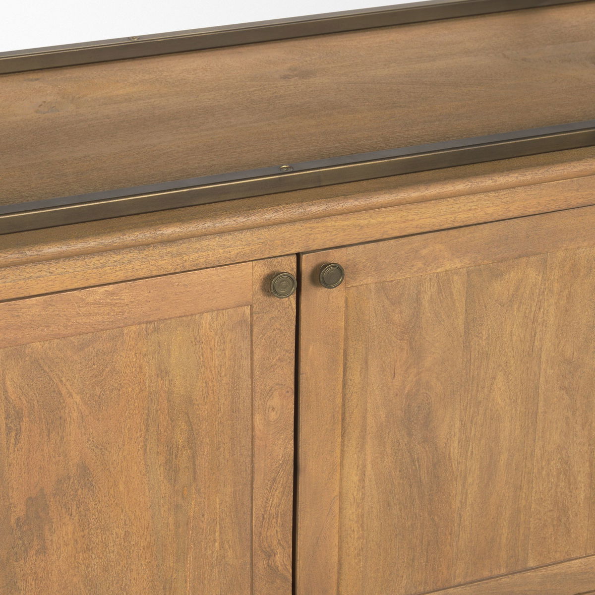 Baron 4-Door Light Brown Wood with Gunmetal Open Shelving Unit, Shelving & Bookcase by Mercana, 81.75" length x 19" width x 90" height View 13