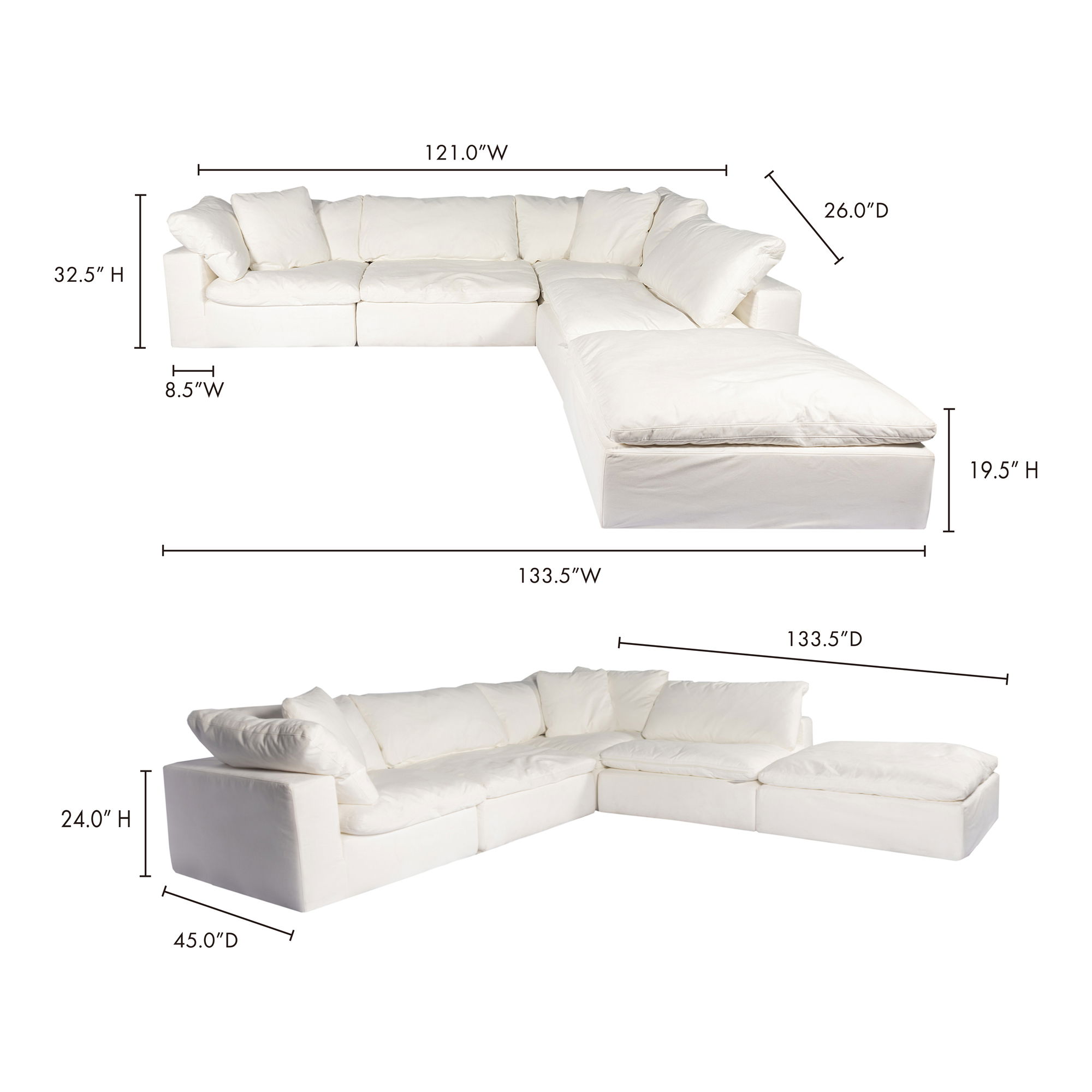 Clay Dream Modular Sectional Cream White, Sectional Sofa by Moe's Home, 133.5" width x 32.5" height x 133.5" depth View 5