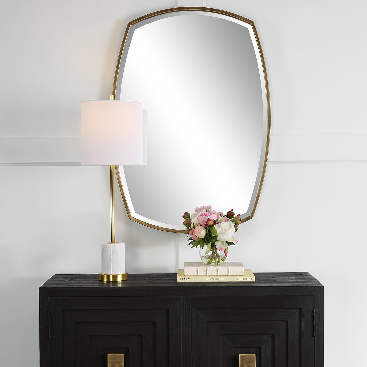 Varenna Aged Gold Vanity Mirror, by Uttermost, 2'3.12" width x 3'2.12" height x 1.87" depth View 2