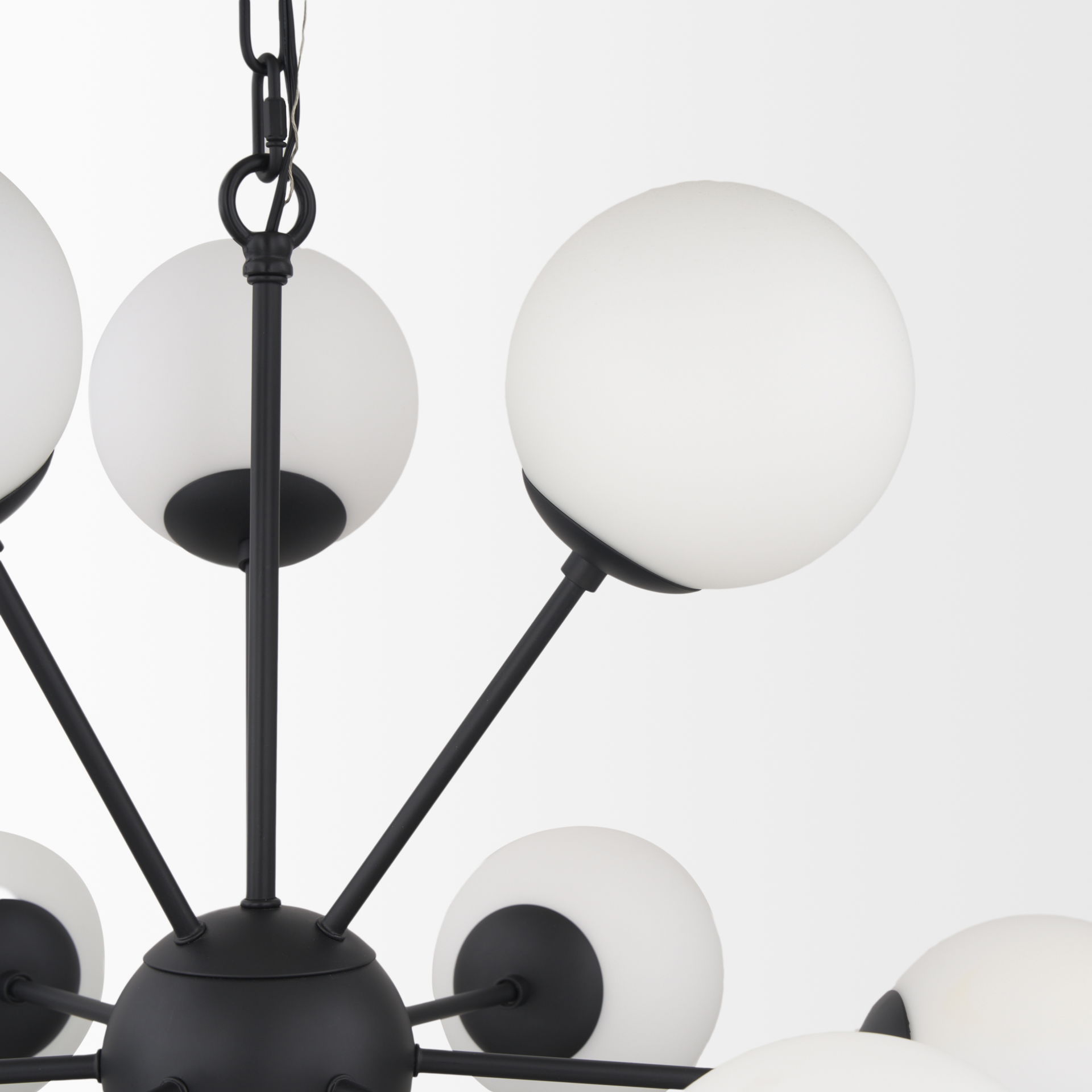 Barbara Matte Black Metal with Frosted Glass Globes 11-Light Chandelier, by Mercana, 31.5" length x 31.5" width x 31.5" height View 9