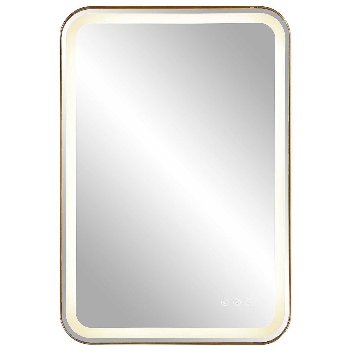Crofton Lighted Brass Vanity Mirror, by Uttermost, 1'10.25" width x 2'8.25" height x 2.12" depth View 1