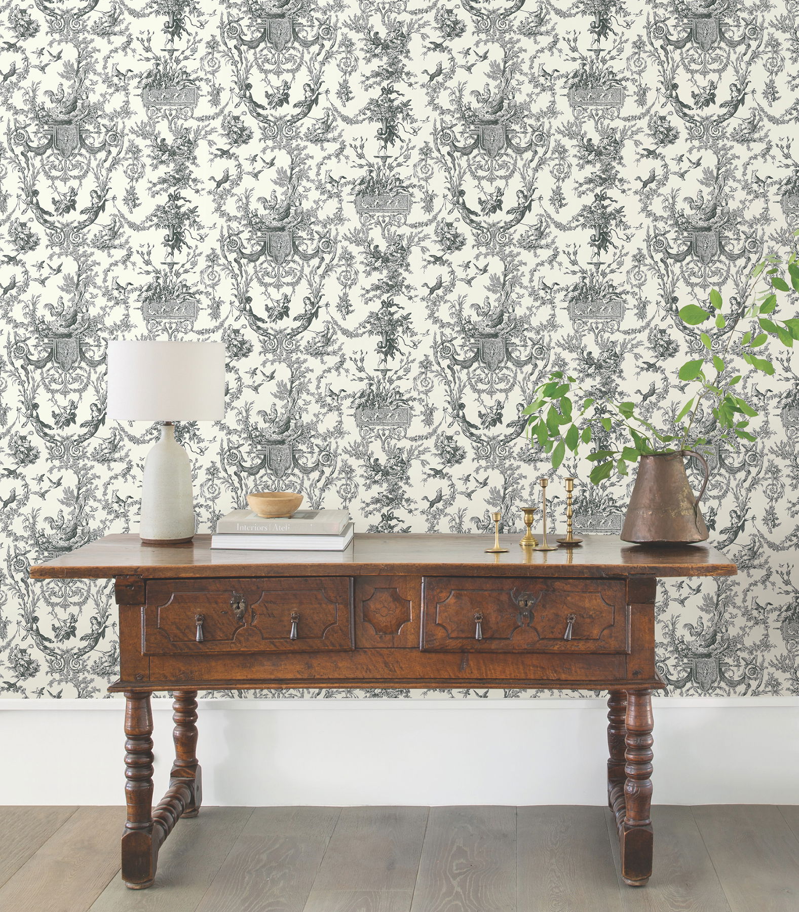 Old World Toile Black & White Wallpaper, by York Wall, 33' length x 1'8.5" width x 0.02" depth View 5