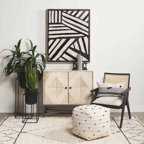 Donna Cane Back Dining Side Chair | Natural Linen with Black Wood