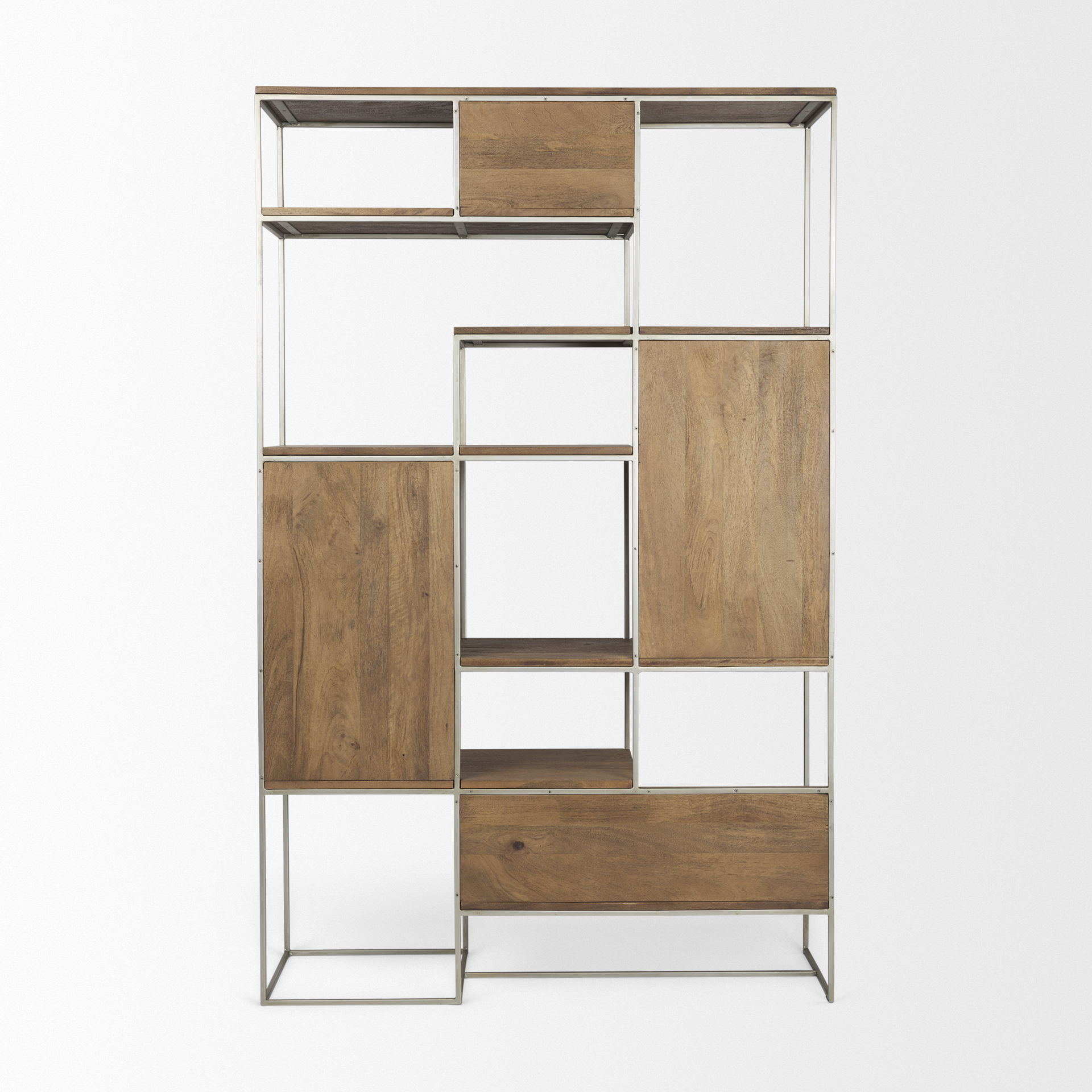 Morris III 47.25 X 15 X 75.5  Brown Wood and Silver Metal Frame 6 Shelf Shelving Unit, Shelving & Bookcase by Mercana, 47.25" length x 15" width x 75.5" height View 6