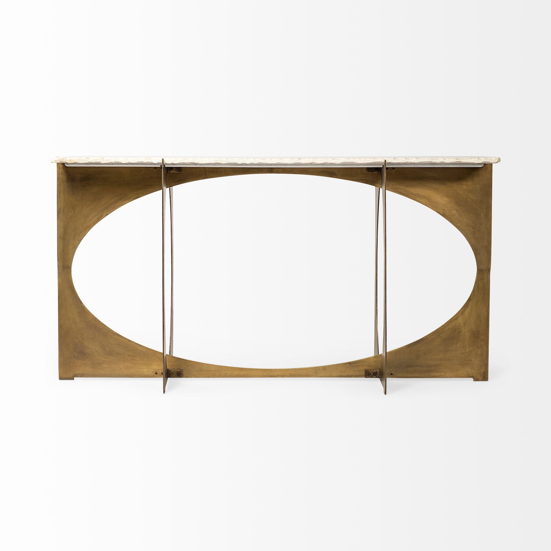 Reinhold IV 59L x 16W White Marble Top Gold Metal Base Console Table, by Mercana, 60" length x 17" width x 31" height View 3