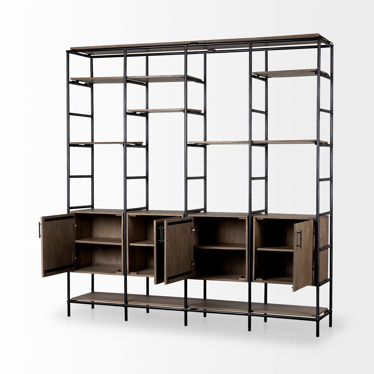 Darius 82L x 16.5W x 90H Medium Brown Wood and Metal Multi-Shelf Shelving Unit, Shelving & Bookcase by Mercana, 82" length x 16.5" width x 90" height View 6