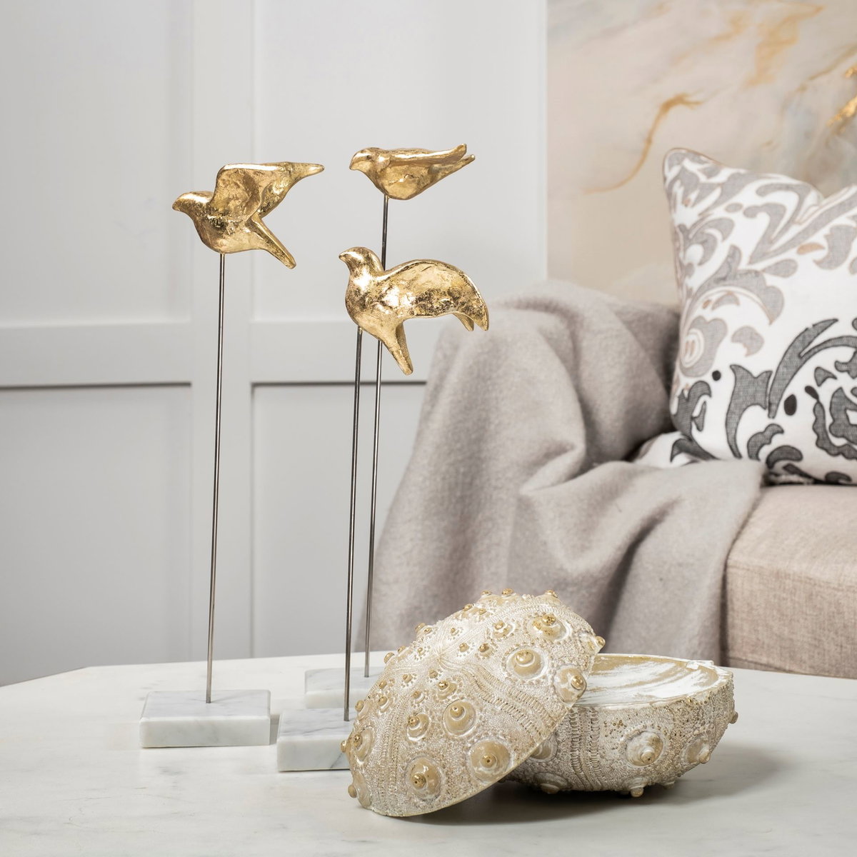 Aya Set of 3 11L x 4W Gold Metal Decorative Birds, Decorative Object by Mercana, 11.42" length x 3.54" width x 16.14" height View 2