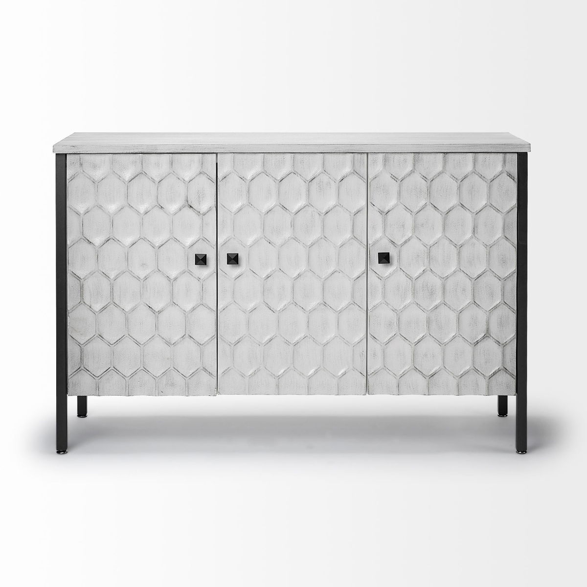 Savannah White Fir Veneer & Gray Metal 3-Door Accent Cabinet, Cabinets & Chest by Mercana, 47.24" length x 15.75" width x 31.5" height View 3