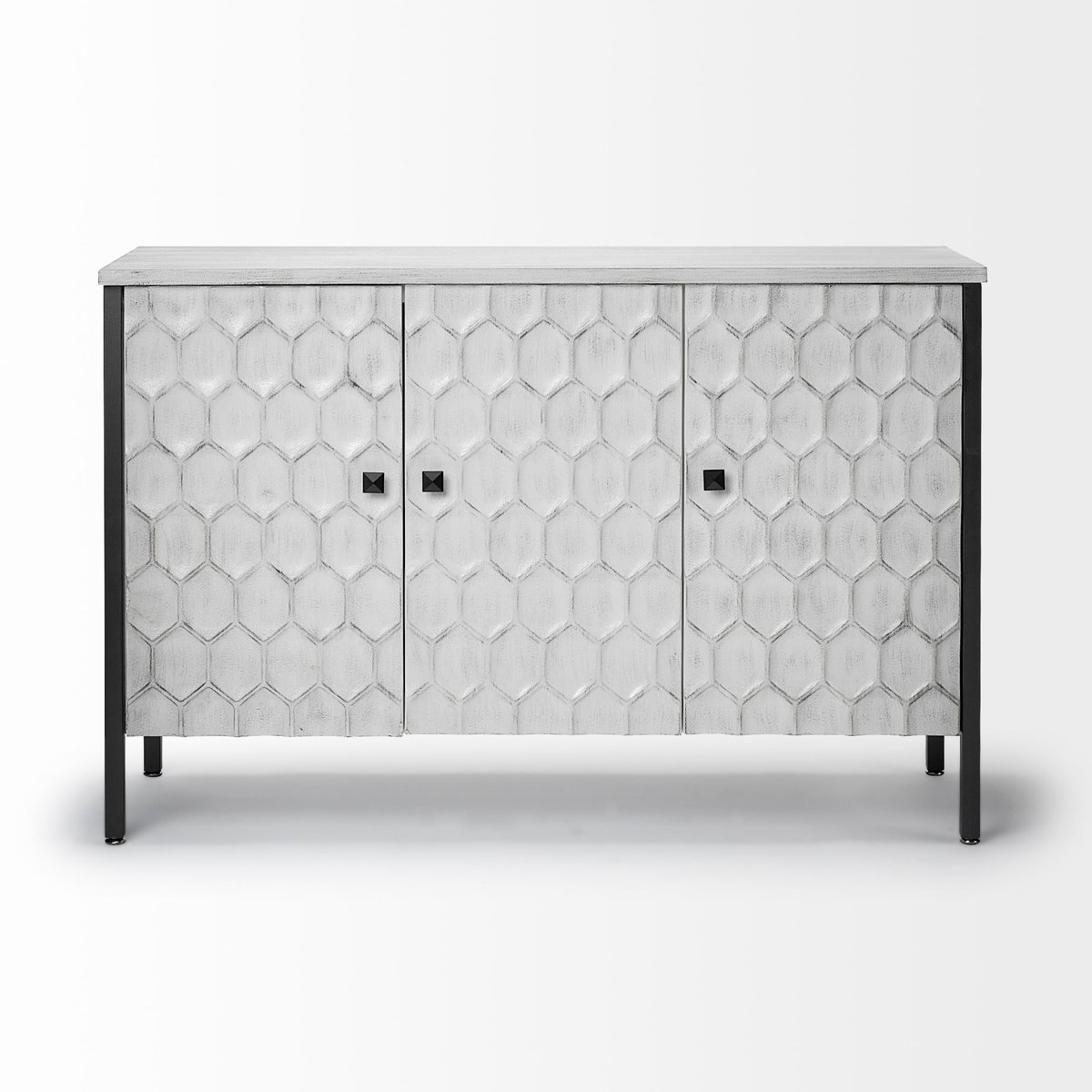 Savannah White Fir Veneer & Gray Metal 3-Door Accent Cabinet, Cabinets & Chest by Mercana, 47.24" length x 15.75" width x 31.5" height View 3