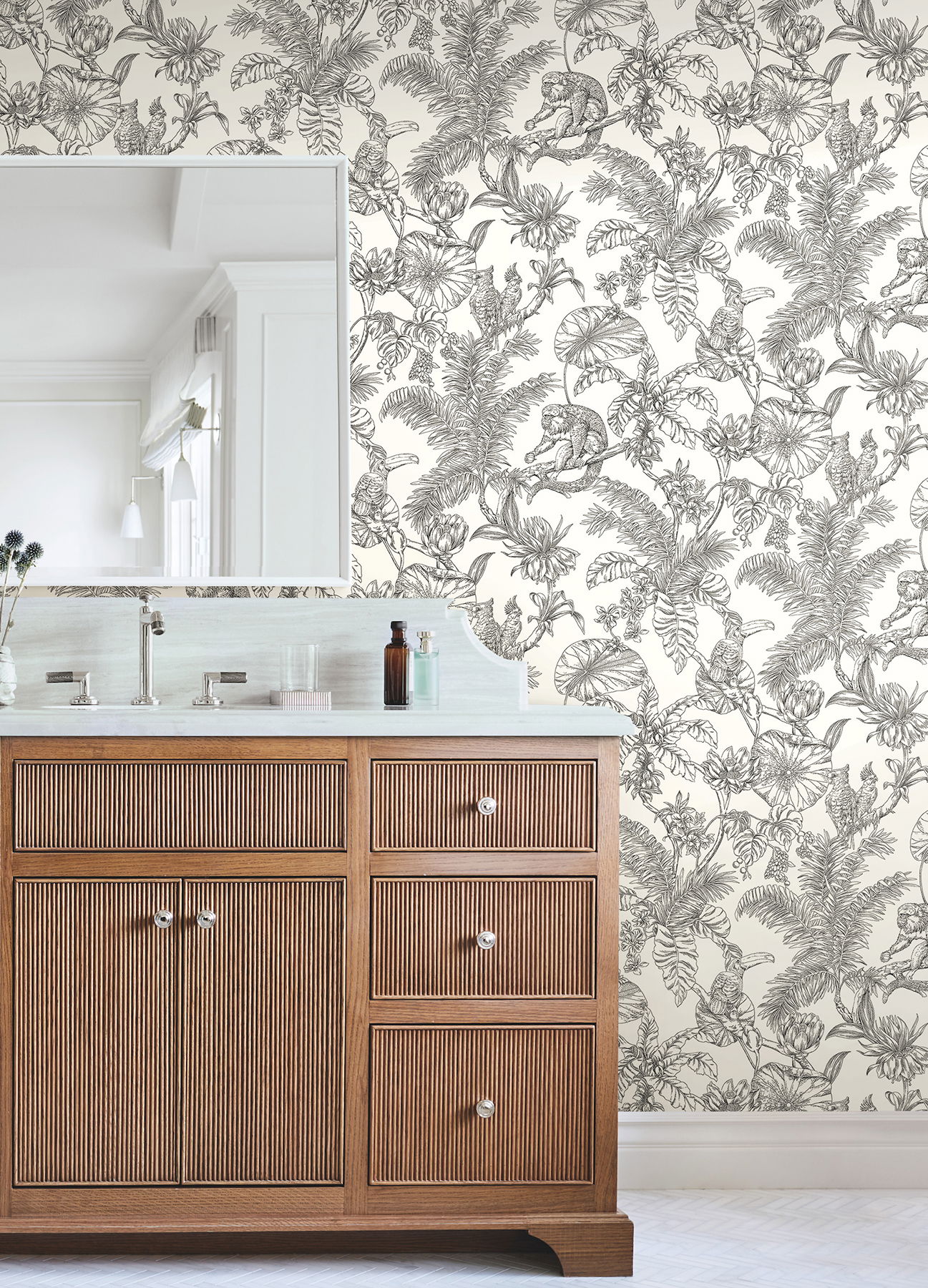 Tropical Sketch Toile Black Wallpaper large image 