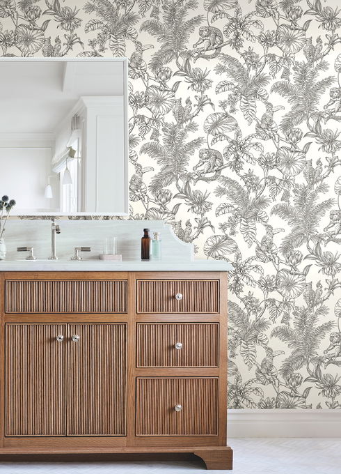 Tropical Sketch Toile Black Wallpaper