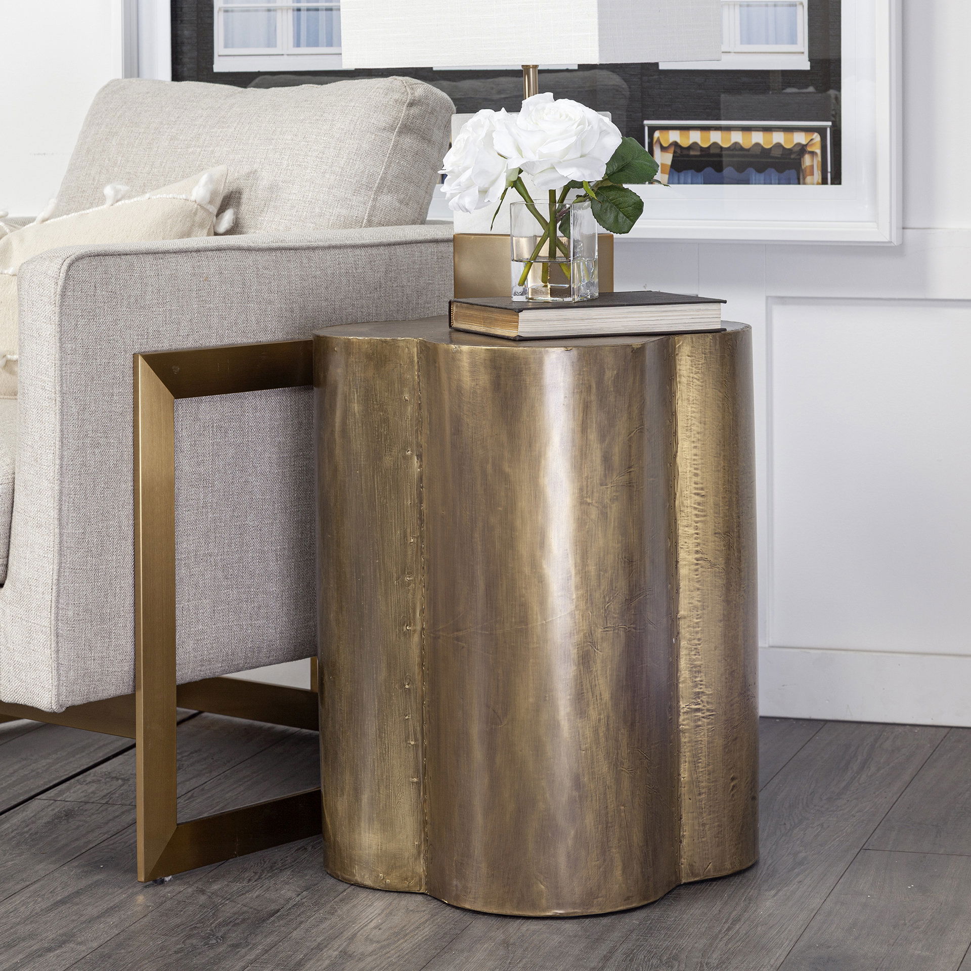 Quatrefoil 18L x 18W Gold Flower with Wooden Top Brass Cladding Accent Table large image 