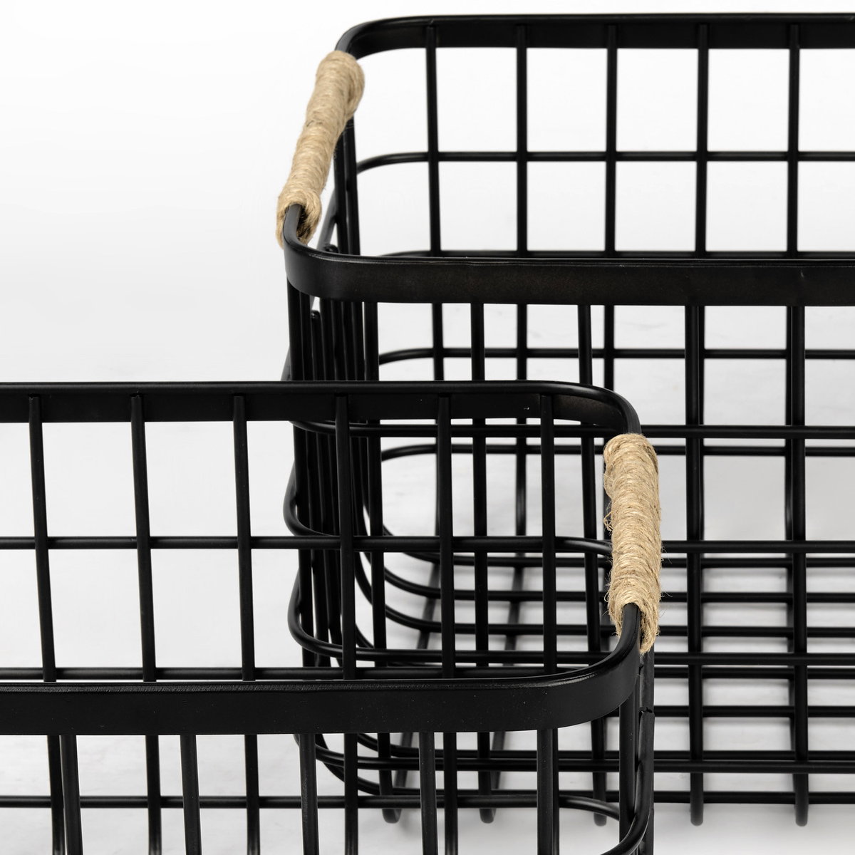 Marius (Set of 2) Matte Black Metal with Rope Trim Rectangular Baskets, Bins & Basket by Mercana, 20.87" length x 15.16" width x 12.2" height View 6