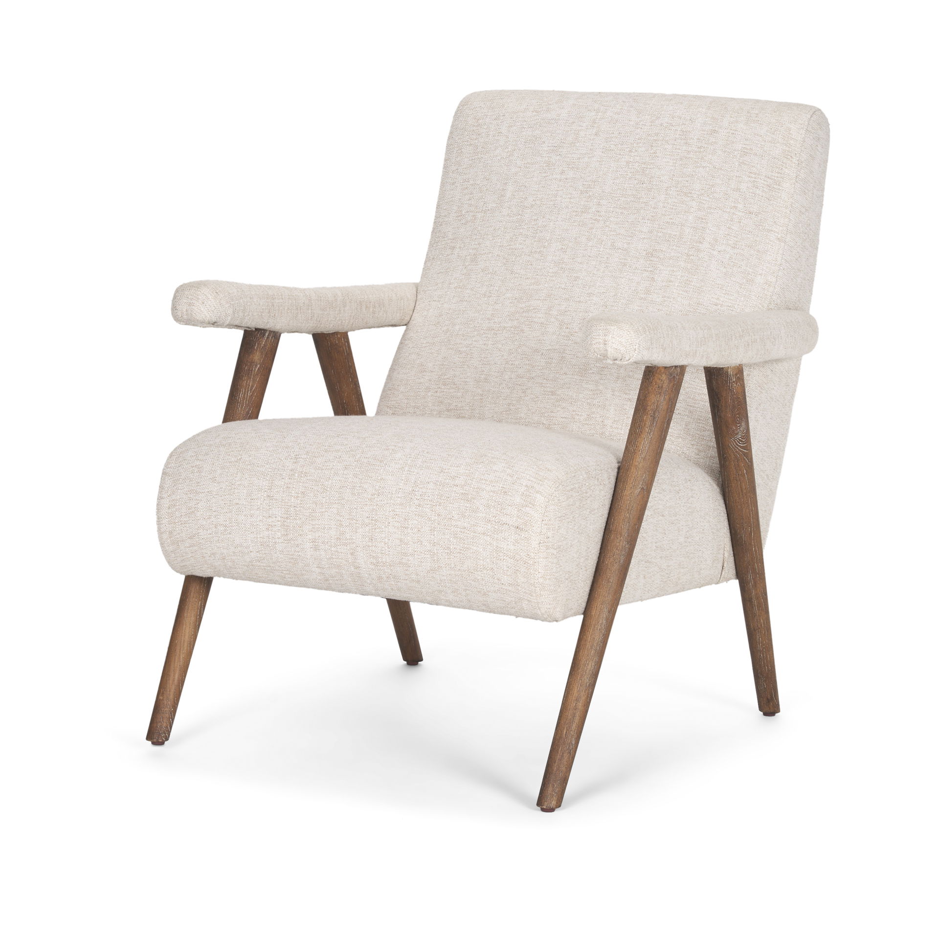 Nico Oatmeal Upholstered with Brown Wood Accent Chair, by Mercana, 25.98" length x 31.89" width x 32.28" height View 1