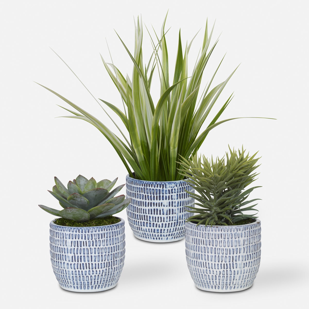 Puebla Greenery In Blue & White Pots Set/3, Artificial Plants & Flower by Uttermost, 22" width x 16" height x 22" depth View 1