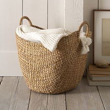 Online Designer Living Room Curved Seagrass Basket, Round Handle Baskets, Natural, Large, 19.3"D x 19.7"H