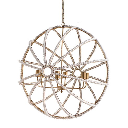Ava White (34"D) Gold Metal and White Wood Beaded Six Bulb Chandelier