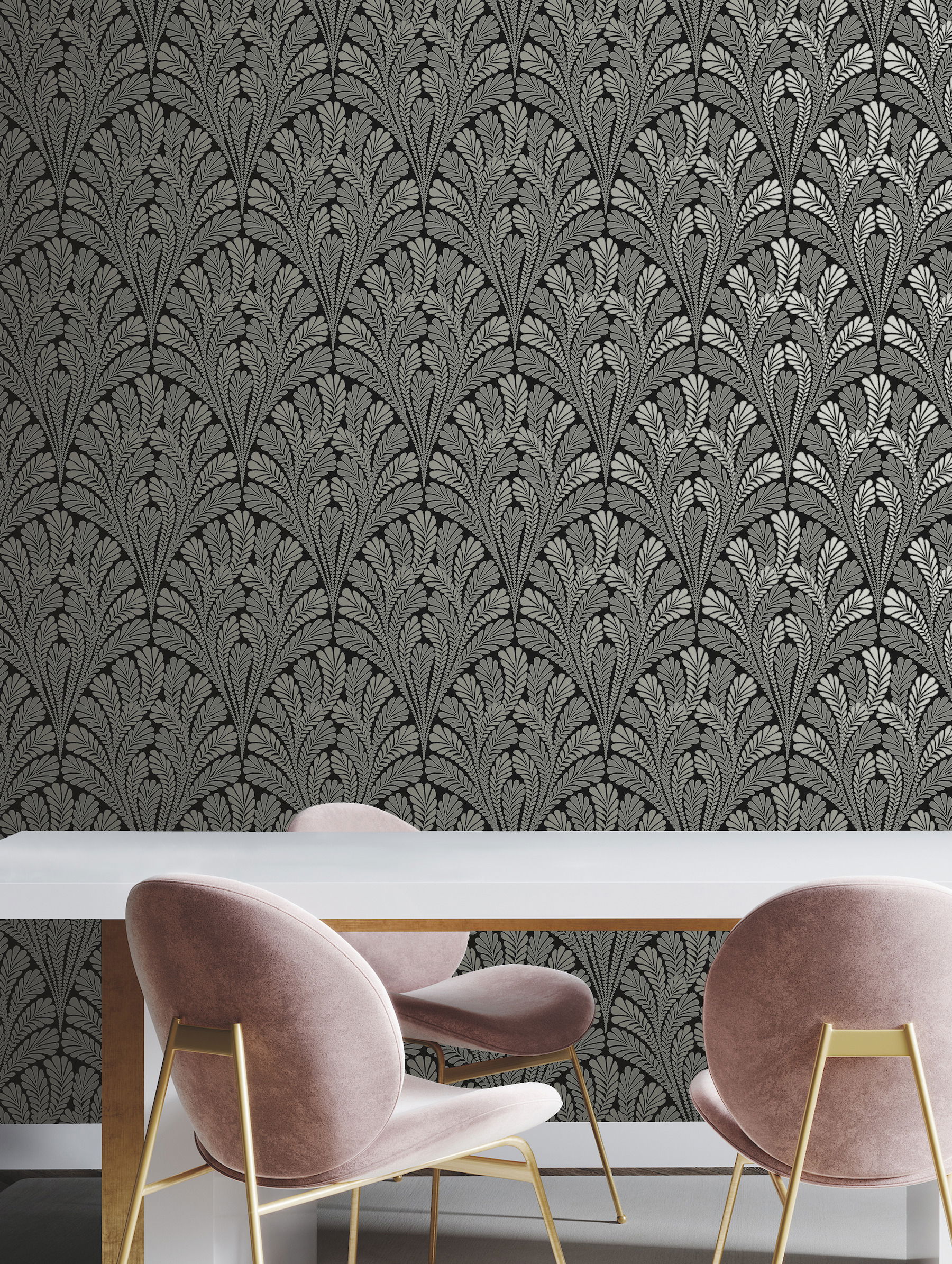 Shell Damask Black Wallpaper, by York Wall, 33' length x 1'8.5" width x 0.02" depth View 3
