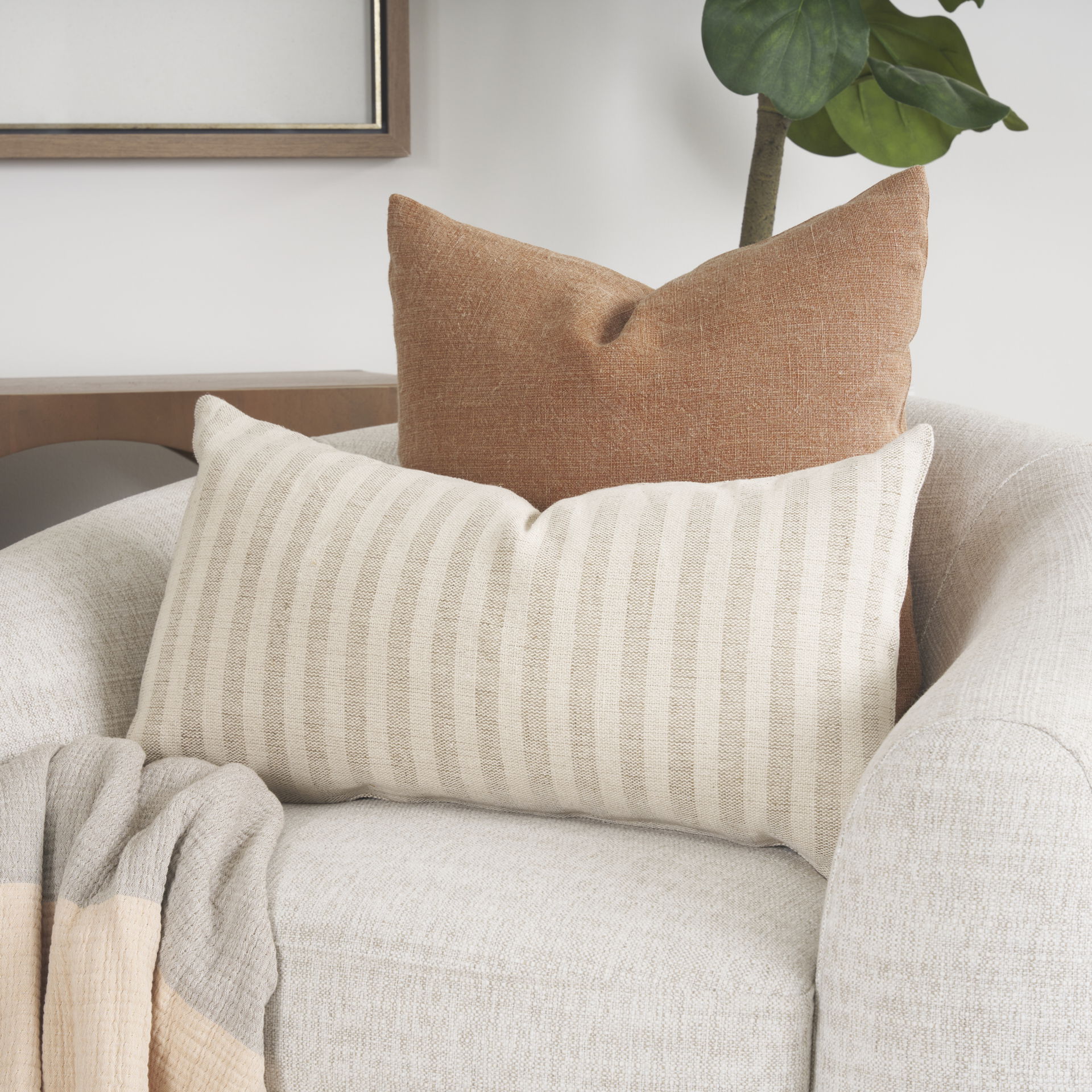 Jace Cream with Beige Stripe Lumbar Decorative Pillow Cover large image 
