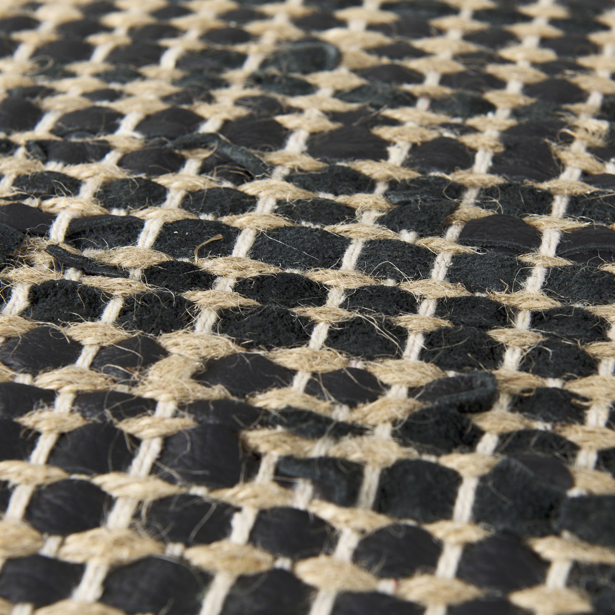 Aalia  Charcoal Leather and Jute Pouf, Ottoman by Mercana, 16" length x 16" width x 16" height View 7