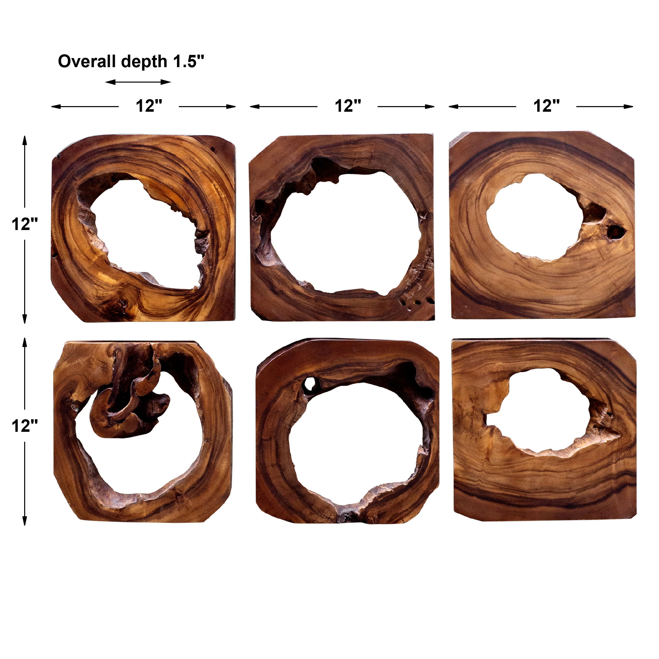 Adlai Wood Wall Art Set/6, Sculptural Wall Art by Uttermost, 12" width x 12" height x 1.5" depth View 3