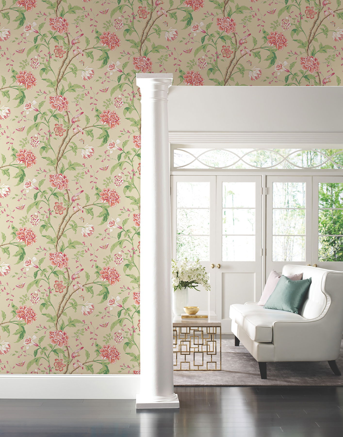 Teahouse Floral Cream & Coral Wallpaper large image 