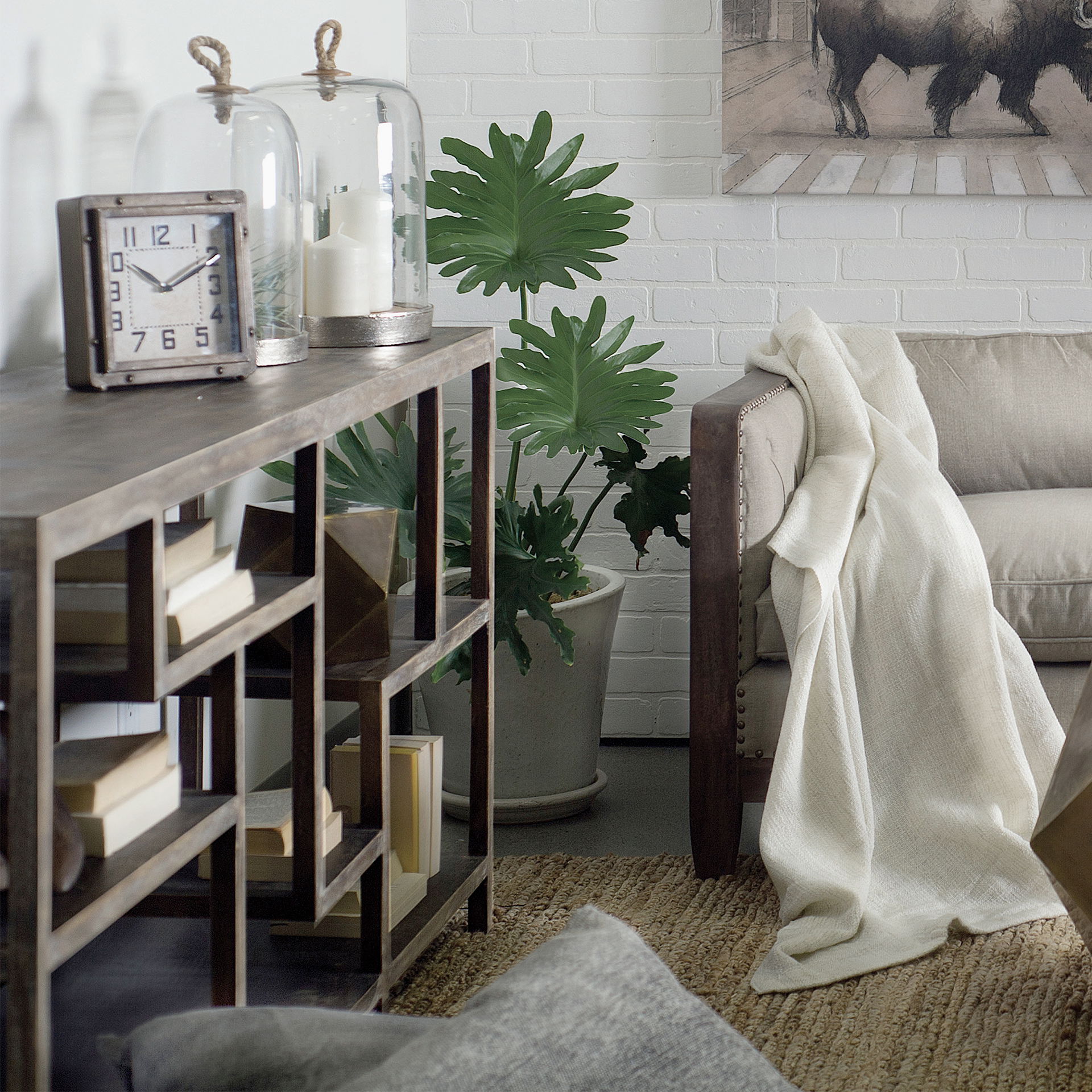 Wright I 16L x 66W Brown Wood Multi-Level Shelf Console Table, by Mercana, 66" length x 16" width x 32" height View 3