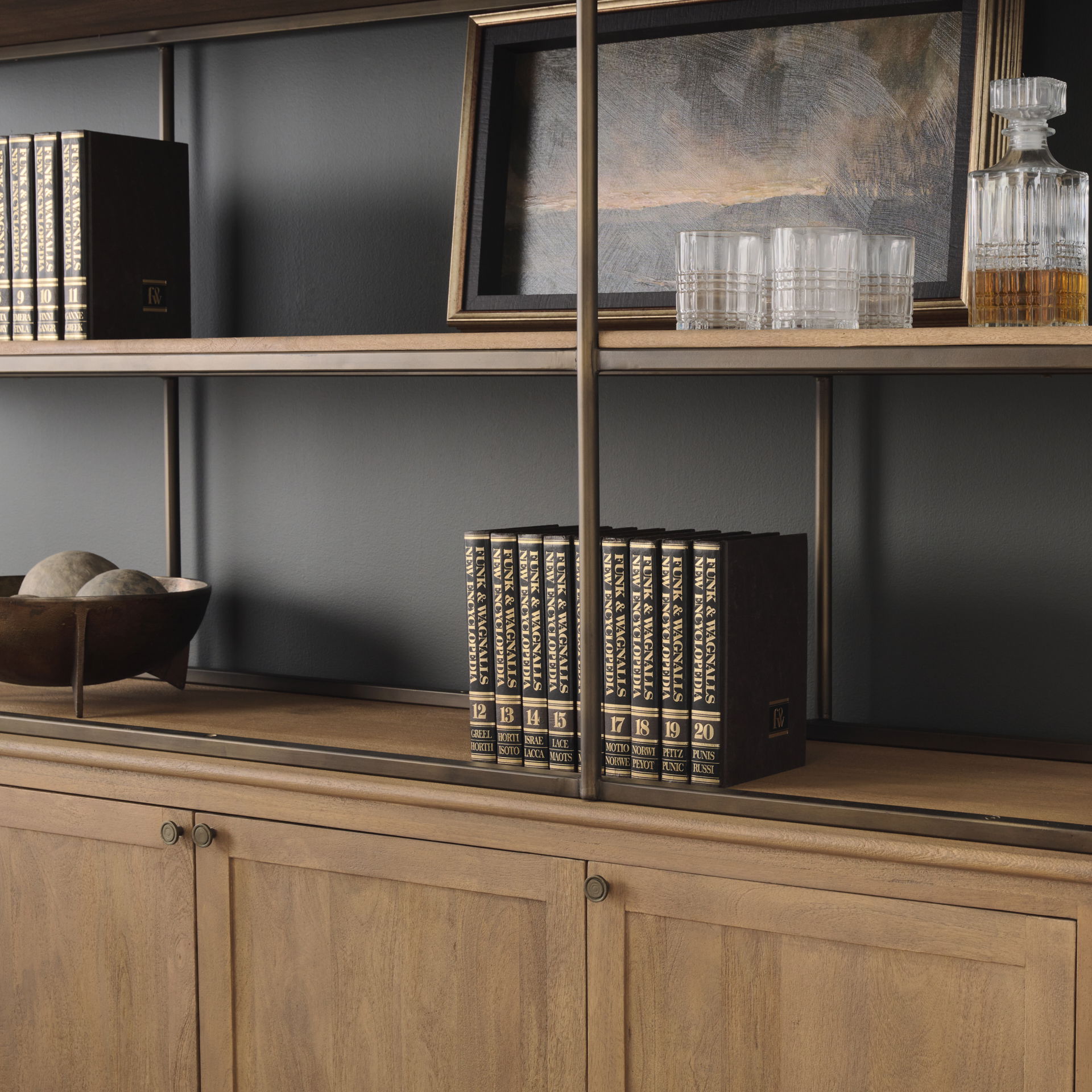 Baron 4-Door Light Brown Wood with Gunmetal Open Shelving Unit, Shelving & Bookcase by Mercana, 81.75" length x 19" width x 90" height View 4