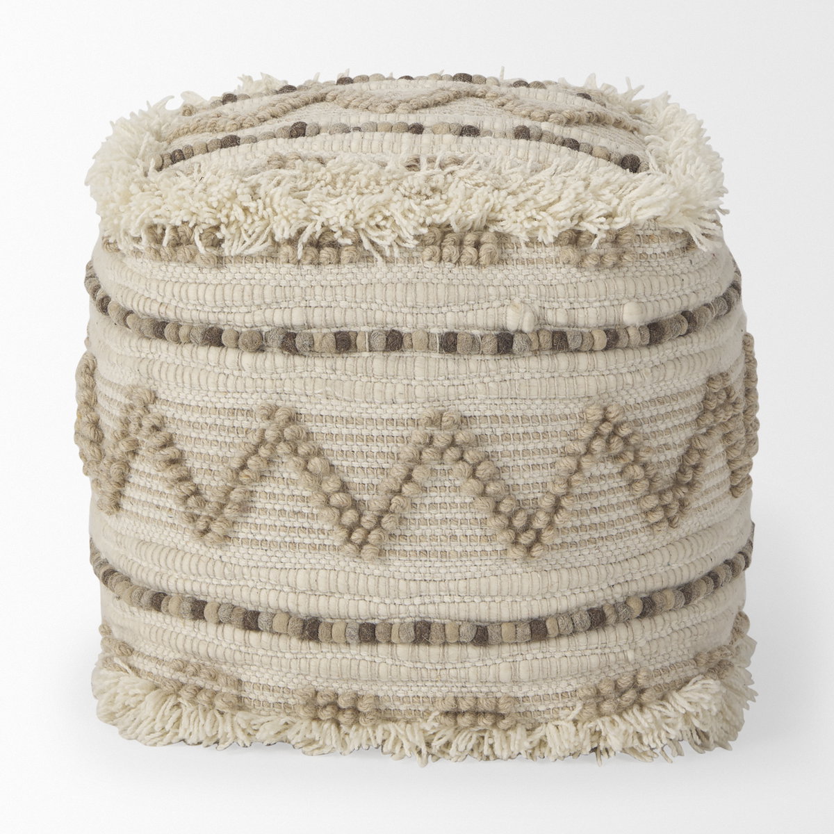 Caela Beige/Brown Wool, Cotton and Felt Popcorn Stitch Square Pouf, Ottoman by Mercana, 18" length x 18" width x 18" height View 3