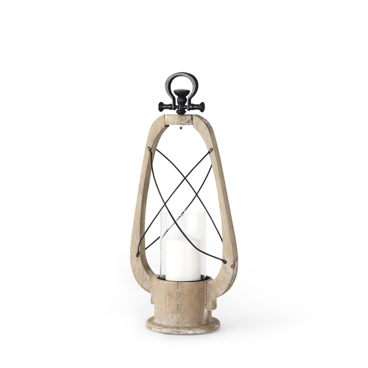 Zain I Small Brown Wooden Vintage Inspired Candle Holder Lantern, Lighting by Mercana, 10.04" length x 5.71" width x 21.26" height View 1