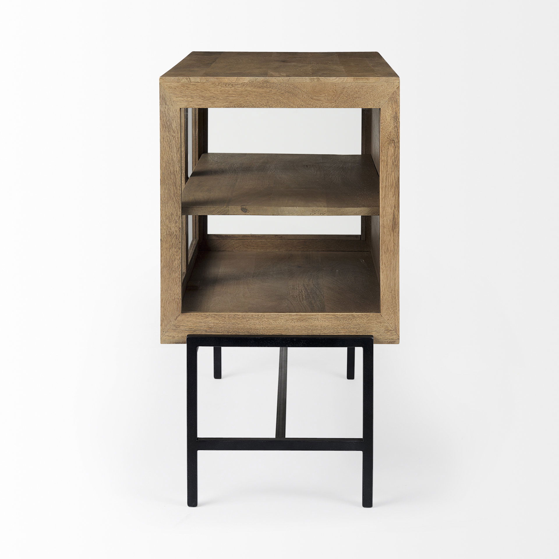 Arelius 36L x 18W x 32H Light Brown Wood, Black Metal Base with 2 Glass Doors Accent Cabinet, Cabinets & Chest by Mercana, 36" length x 18.75" width x 32" height View 5