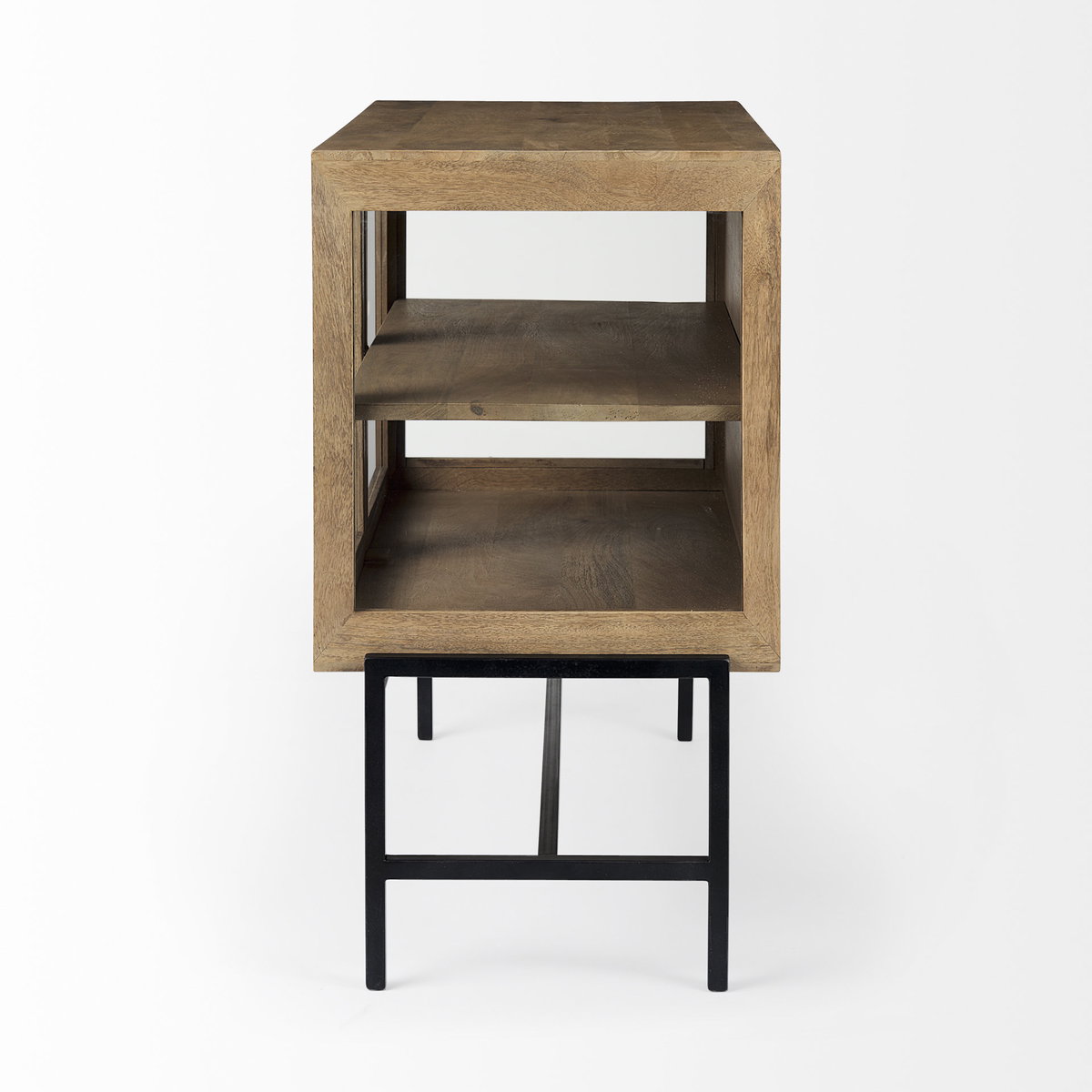 Arelius 36L x 18W x 32H Light Brown Wood, Black Metal Base with 2 Glass Doors Accent Cabinet, Cabinets & Chest by Mercana, 36" length x 18.75" width x 32" height View 5