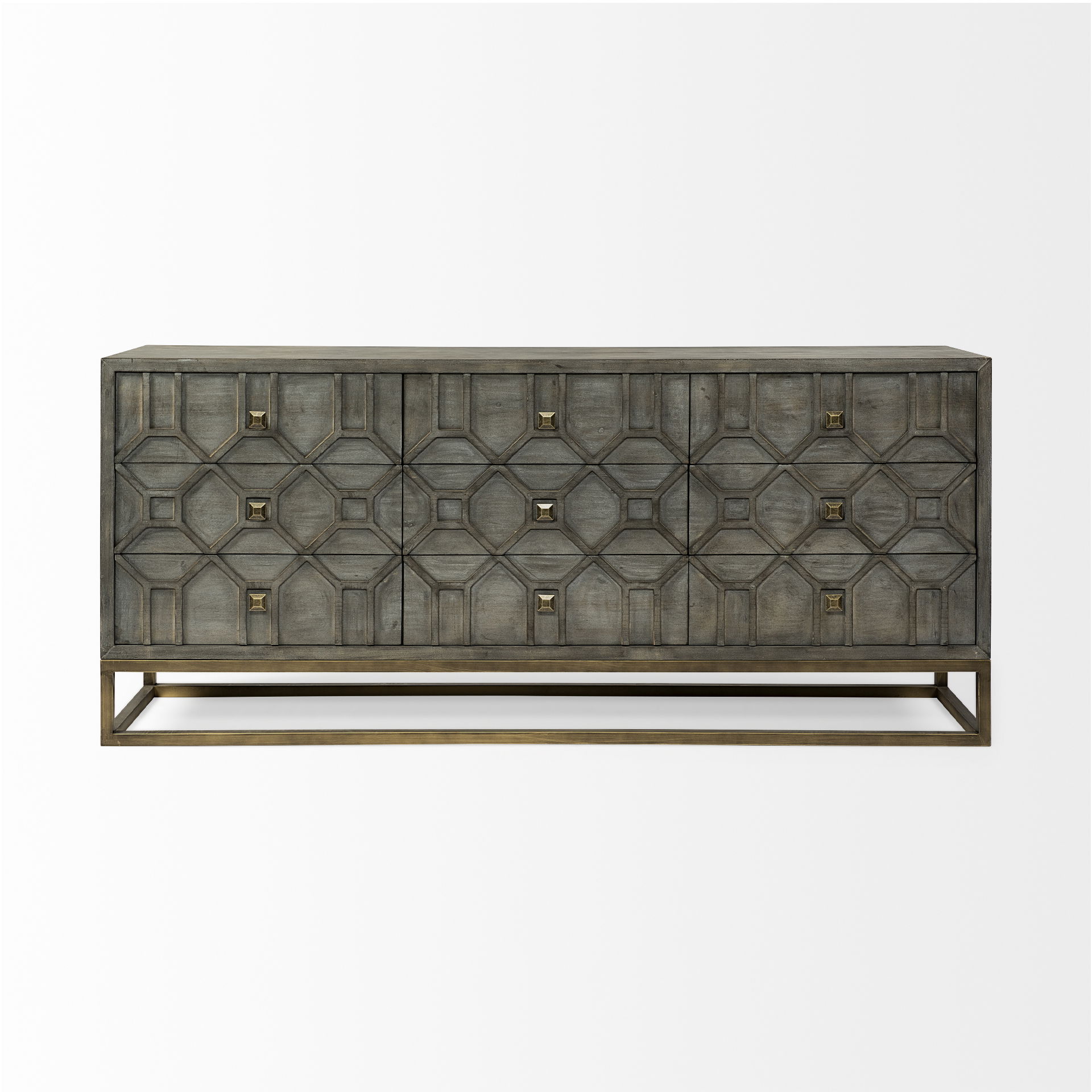 Genevieve II 70x15.8 Gray Fir Veneer with Gold Metal Frame Base 9 Drawer Sideboard, Sideboards & Buffet by Mercana, 70" length x 15.75" width x 31" height View 5