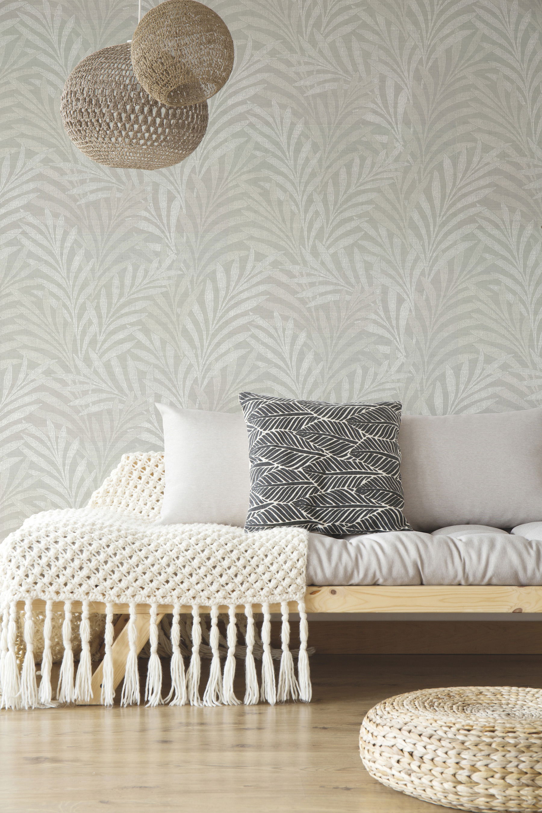 Leaves Stripe Grey Wallpaper large image 