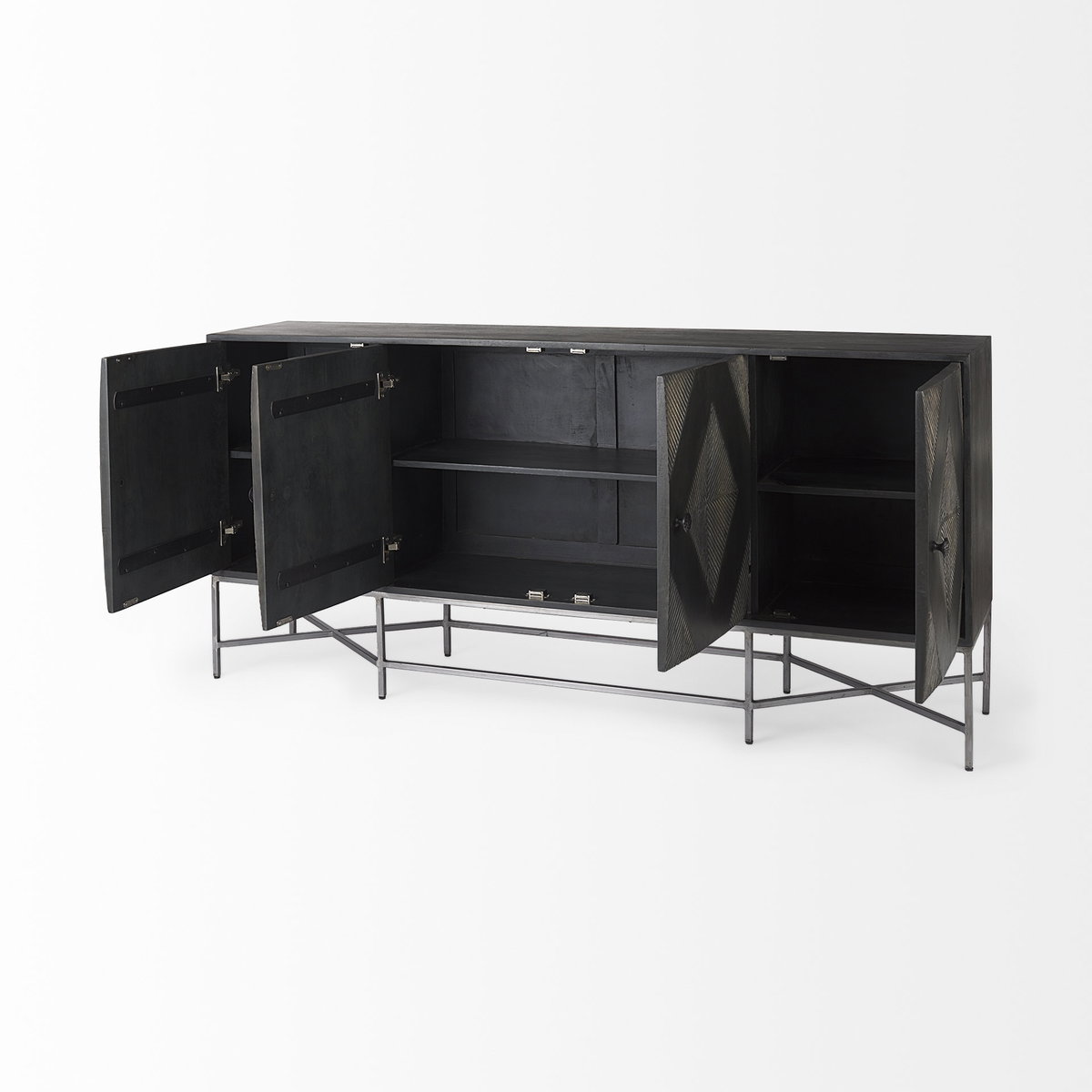 Hogarth I 72x15 Two-Tone Brown Solid Wood Base Silver Frame 4 Cabinet Sideboard, Sideboards & Buffet by Mercana, 16" length x 72" width x 34" height View 8