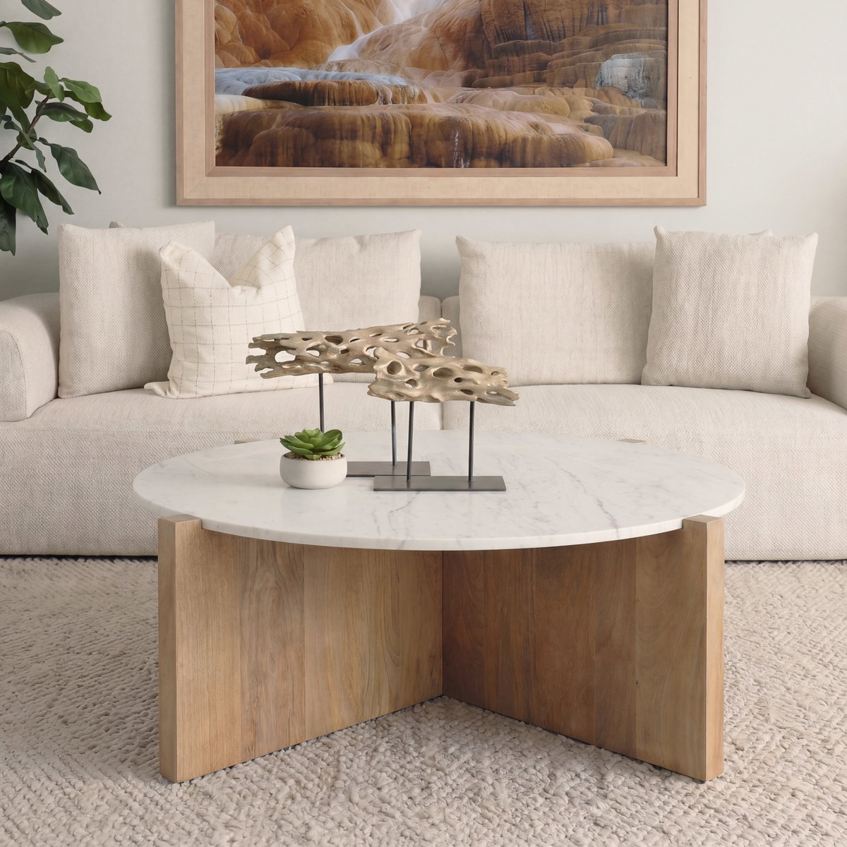 Bianca Light Brown Wood with Round Marble Top Coffee Table, by Mercana, 48" length x 48" width x 16" height View 3