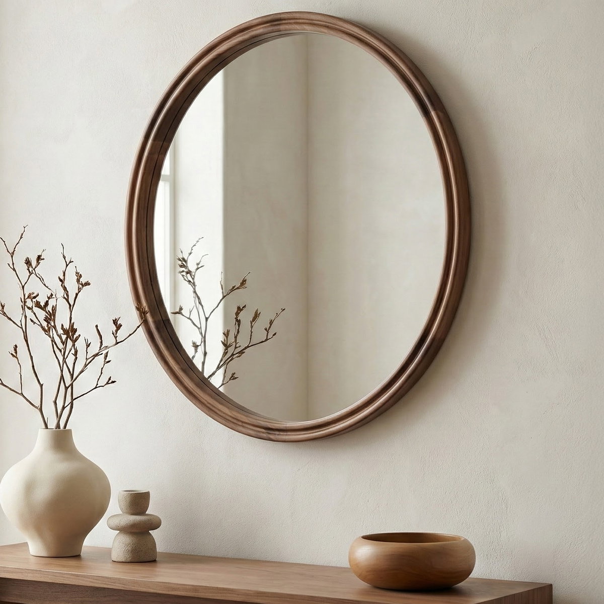 Alcott Small Round Mirror Walnut, by Moe's Home, 36" width x 36" height x 1.06" depth View 3