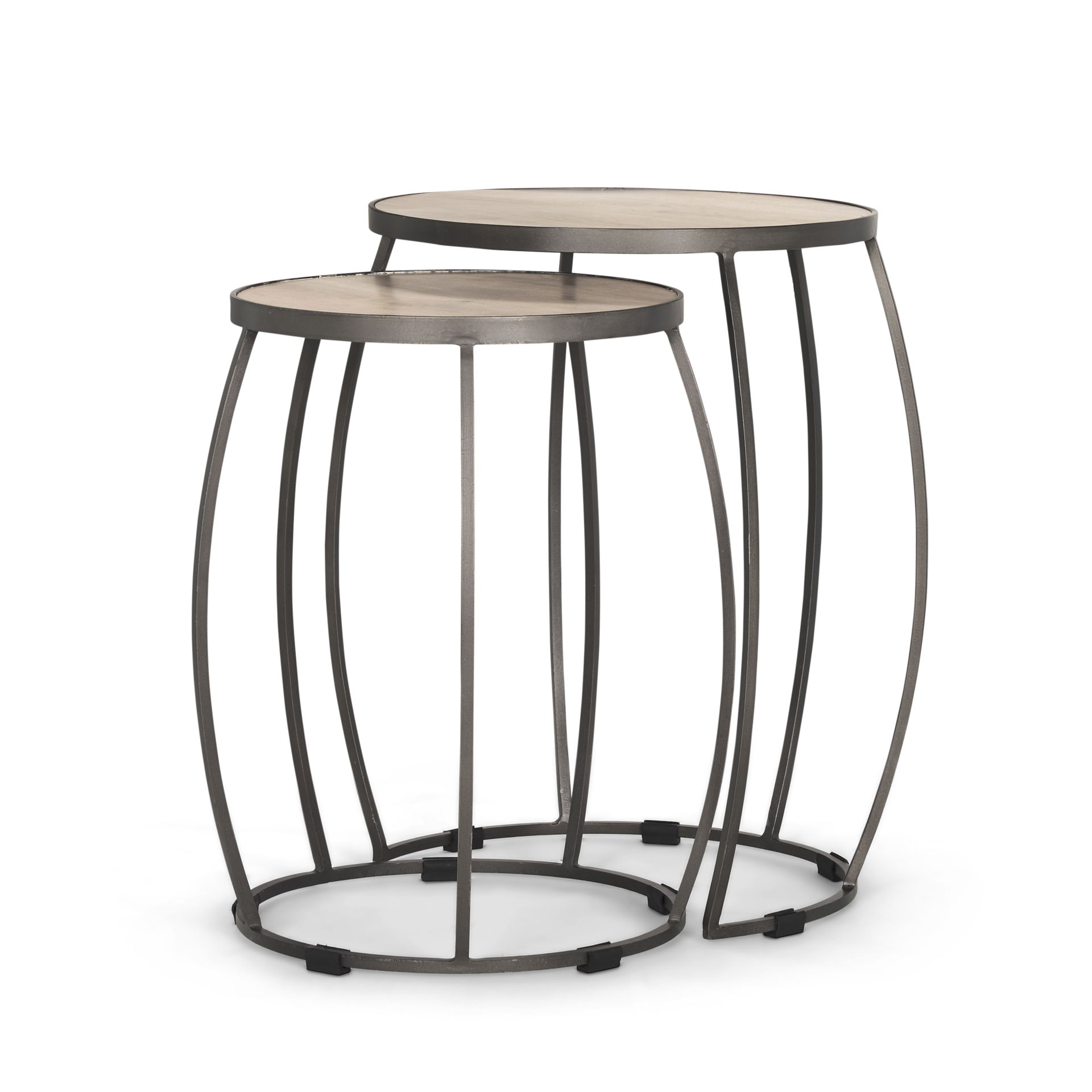 Clapp Round Light Brown with White Wash Wood and Silver Metal Nesting Accent Tables (Set of 2), Side & End Table by Mercana, 19" length x 19" width x 26" height View 1