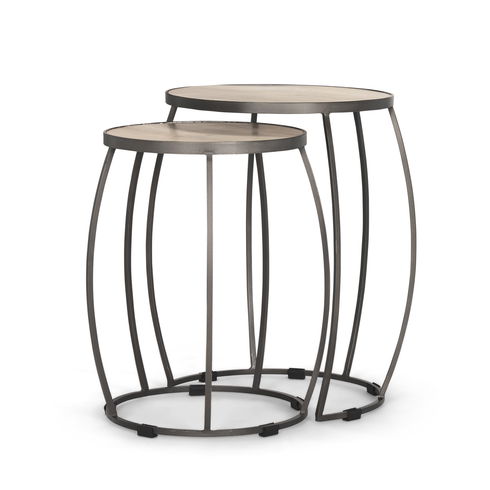 Clapp Round Light Brown with White Wash Wood and Silver Metal Nesting Accent Tables (Set of 2)